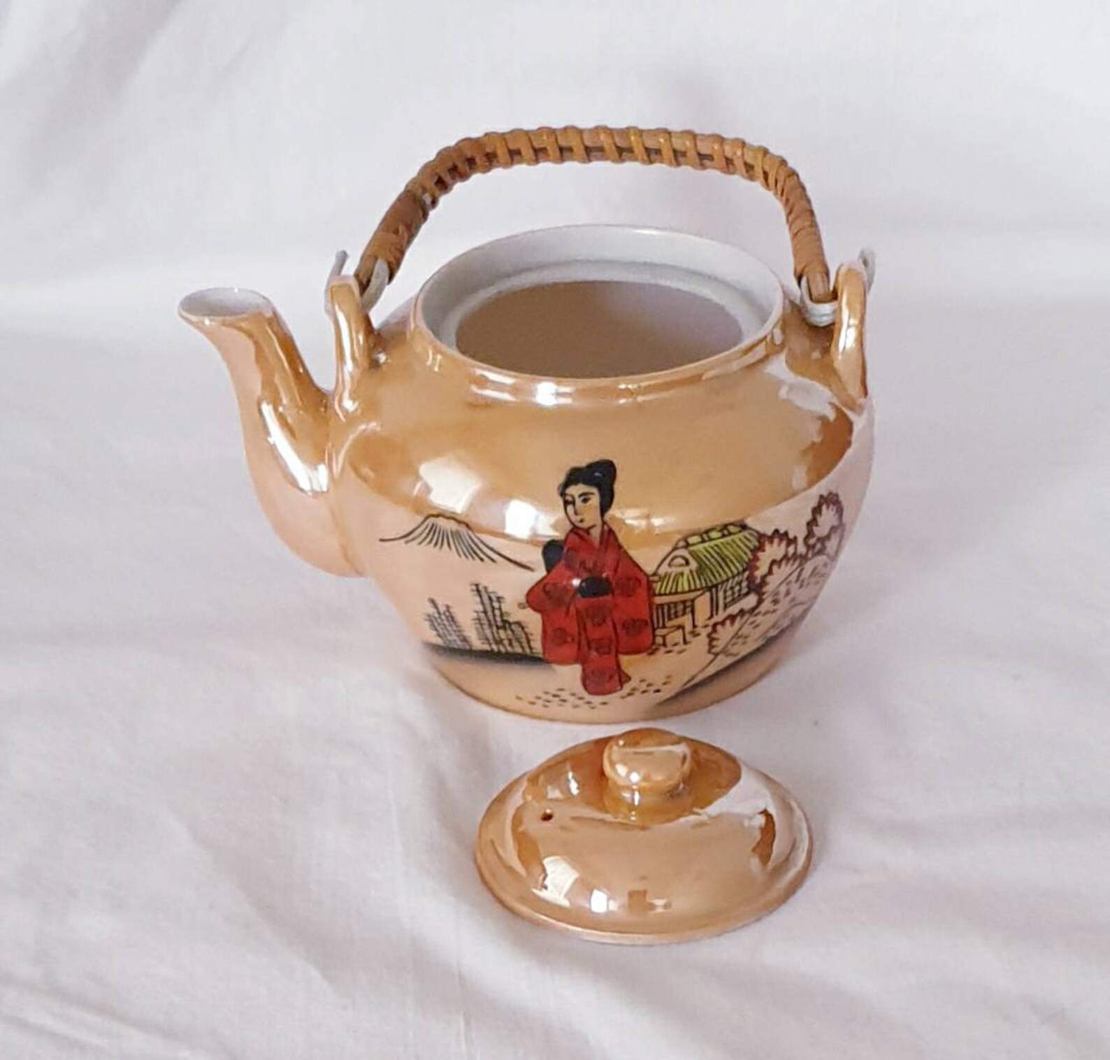 Vintage Teapot Handpainted Bamboo Handle Teapot Japanese Etsy