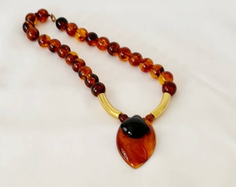 Vintage Hollow Celluloid Necklace, Bohemian Bead Necklace, Burnt Orange And Black Necklace, Statement Necklace.