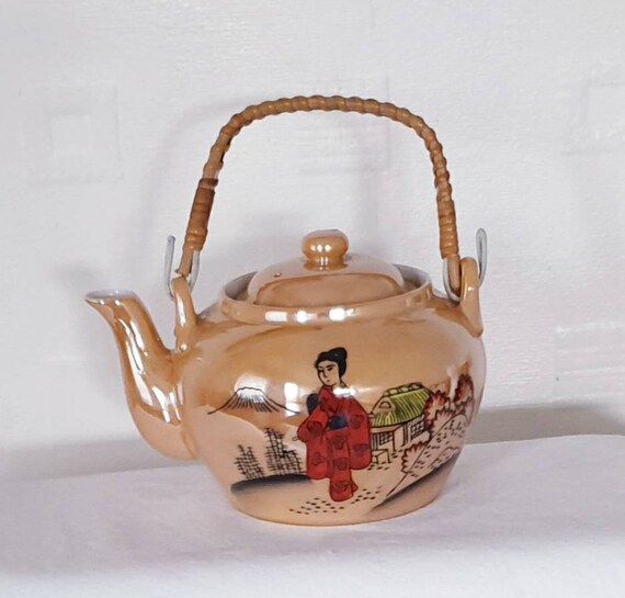 Japanese Ceramic Hand Painted Teapot with Bamboo Handle - The