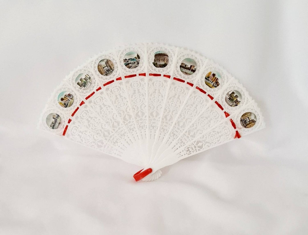 Vintage London Souvenir Hand Fan, Layer Cut Ivory Lucite London