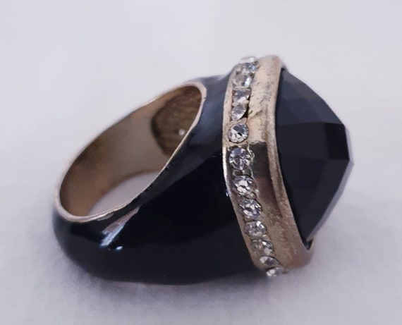 Vintage Black Enamel Lucite Ring, Chunky Square Lu