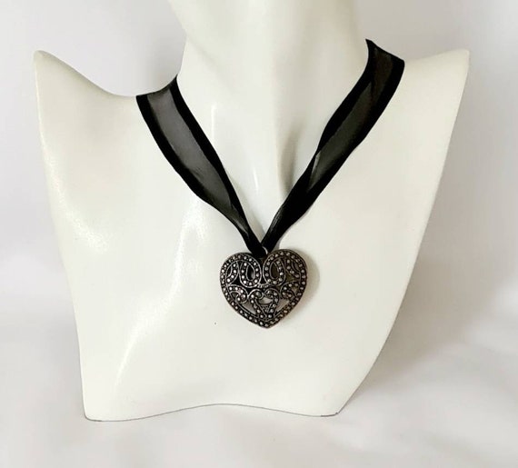 Vintage Ornate Ribbon Love Heart Necklace Valentines Necklace