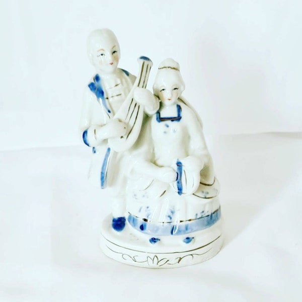 Vintage Blue And White Porcelain Figurine Germany Made Figurine, Collectable Figurine, Musician Figurine, Victorian Figurines.