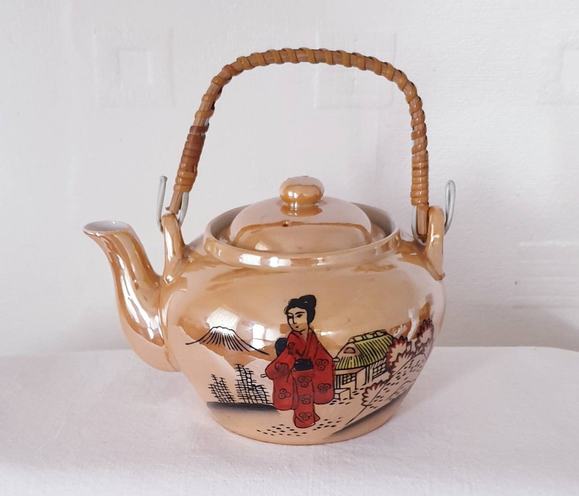 Vintage Teapot Handpainted Bamboo Handle Teapot Japanese Etsy