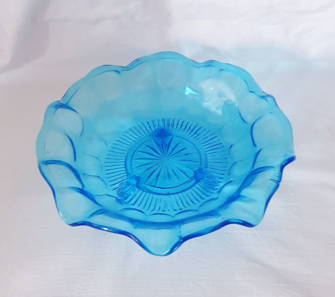 Vintage glass bowl Art deco Fruit bowl Pressed Blue glass | Etsy