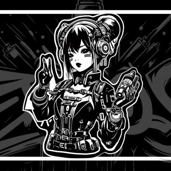 Cyber Punk Girl - Sticker - Waterproof - Black & White - Anime