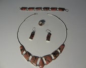 Genuine Guatemala Rare Rhodonite Jade Nephrite Jewelry Set of 4 Necklace Earrings Ring Bracelet, Jadeite Cabochons in 925 Sterling Silver