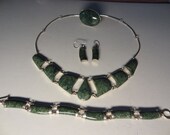 Genuine Guatemala Jasper Green Jade Nephrite Jewelry Set of 4 Necklace Earrings Ring Bracelet with Jadeite Cabochons 925 Sterling Silver