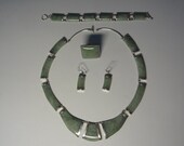 Genuine Guatemala Apple Jade Nephrite Jewelry Set of 4 Necklace Bracelet Ring Earrings, Jadeite Cabochons Designed with 925 Sterling Silver