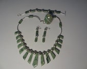 Genuine Guatemala Watermelon Jade Nephrite Jewelry Set of 4 Necklace Bracelet Ring Earrings with Jadeite Cabochons in 925 Sterling Silver