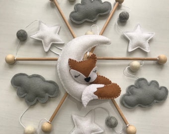 Fox Baby Mobile: Wool Felt Moon, Stars & Clouds Nursery Decor