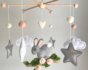 Baby mobile - Cot mobile - Bunny - Crib mobile - Floral Mobile - Rabbit mobile - nursery decoration - Bunny Gift - Baby shower gift