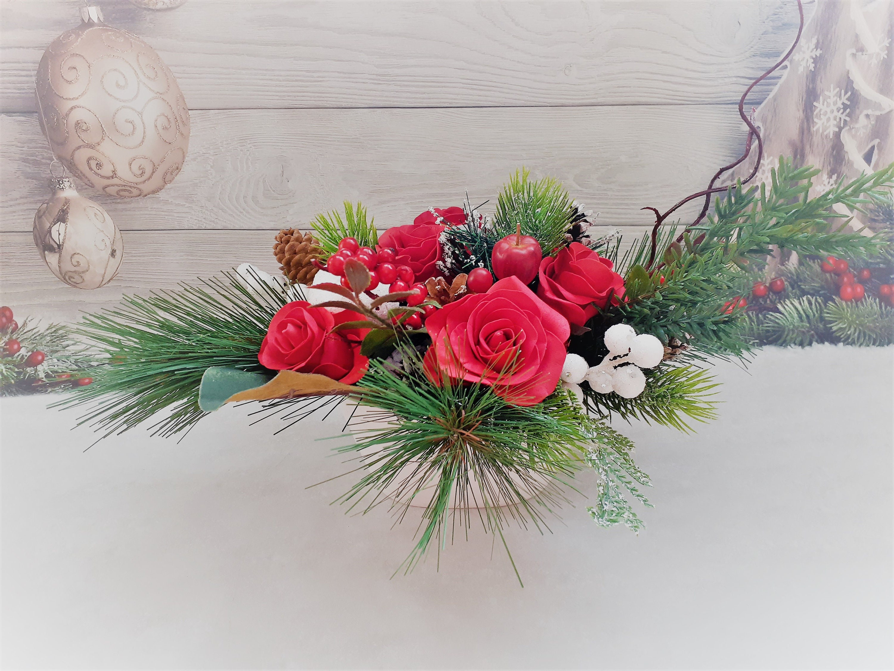 Christmas floral arrangement Christmas gift White and red Etsy