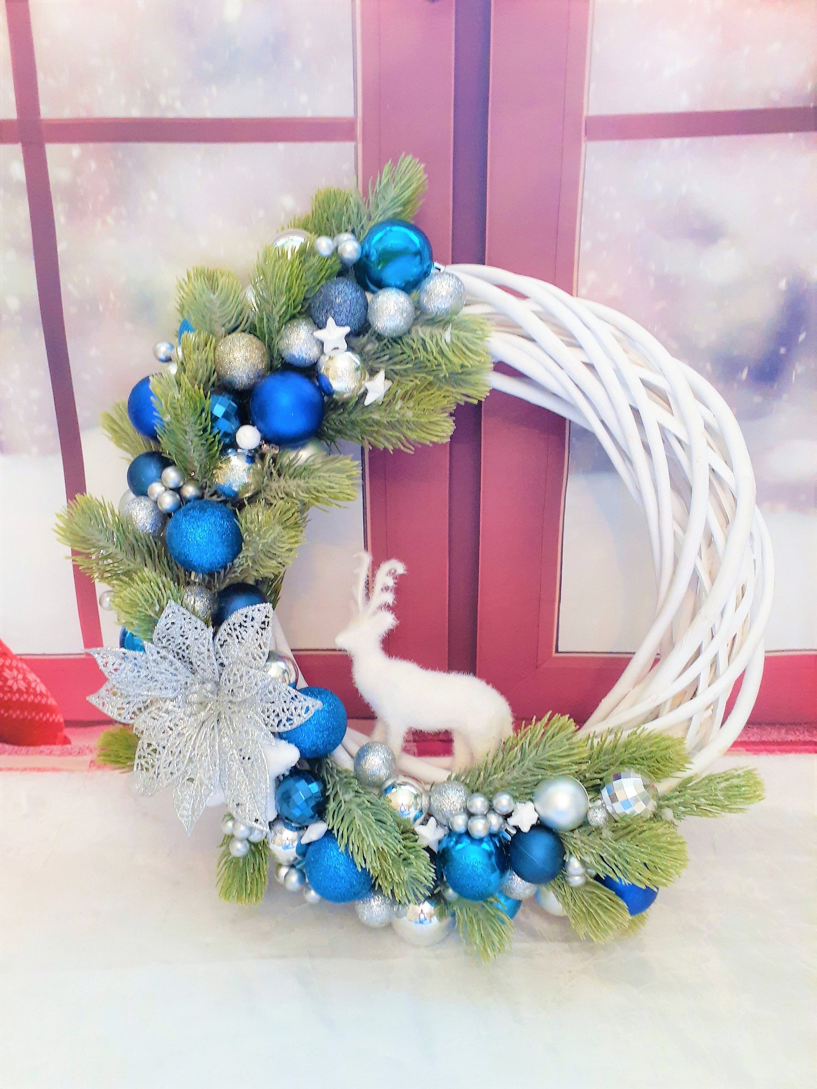 White and blue Christmas wreath Blue and silver door wreath | Etsy