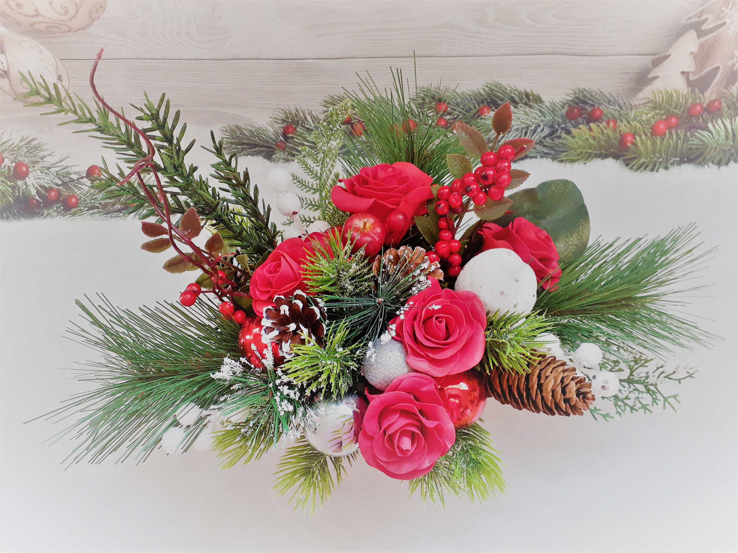 Christmas floral arrangement Christmas gift White and red Etsy