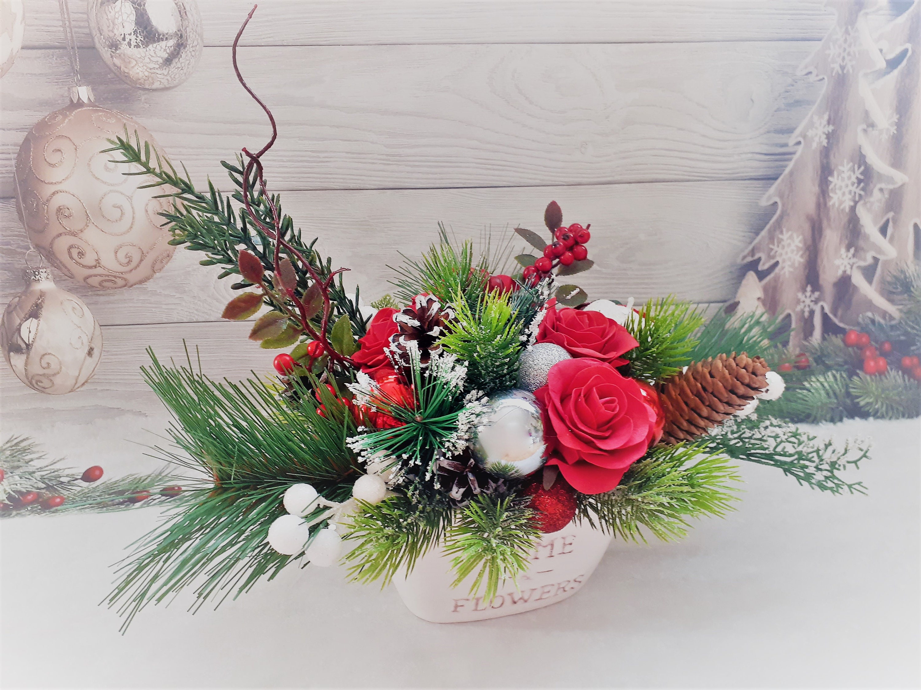 Christmas floral arrangement Christmas gift White and red Etsy