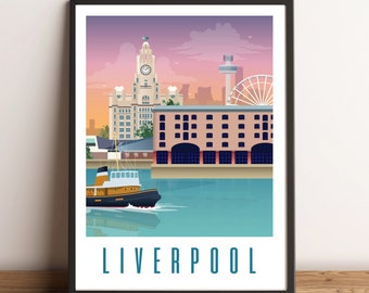 Liverpool Waterfront Art Print Albert Dock Radio City Liver Building Wheel Artwork Travel