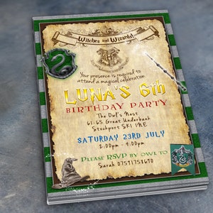 May include: A vintage-style invitation to a 6th birthday party with a Harry Potter theme. The invitation features a green and white striped background with a parchment-like overlay. The text reads "Witches and Wizards! Your presence is required to attend a magical celebration LUNA'S 6th BIRTHDAY PARTY The Dul's Nest 61-65 Great Underbank Stockport SK1 1ME SATURDAY 23RD JULY 2:00pm - 4:00pm PLEASE RSVP BY OWL TO Sarah 07591758670".