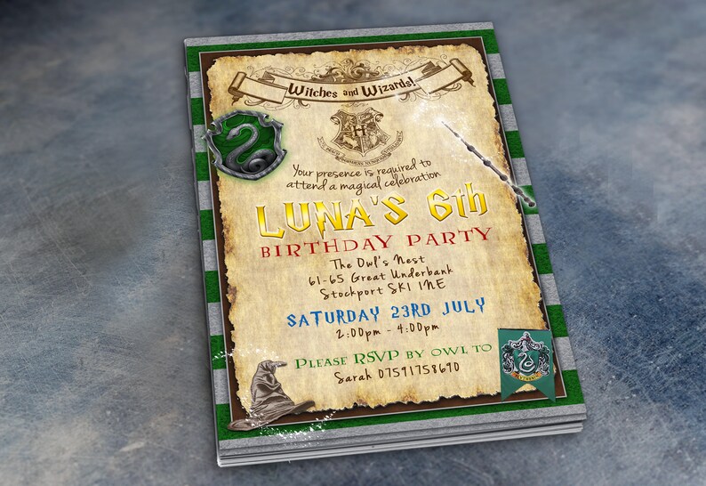 May include: A vintage-style invitation to a 6th birthday party with a Harry Potter theme. The invitation features a green and white striped background with a parchment-like overlay. The text reads "Witches and Wizards! Your presence is required to attend a magical celebration LUNA'S 6th BIRTHDAY PARTY The Dul's Nest 61-65 Great Underbank Stockport SK1 1ME SATURDAY 23RD JULY 2:00pm - 4:00pm PLEASE RSVP BY OWL TO Sarah 07591758670".