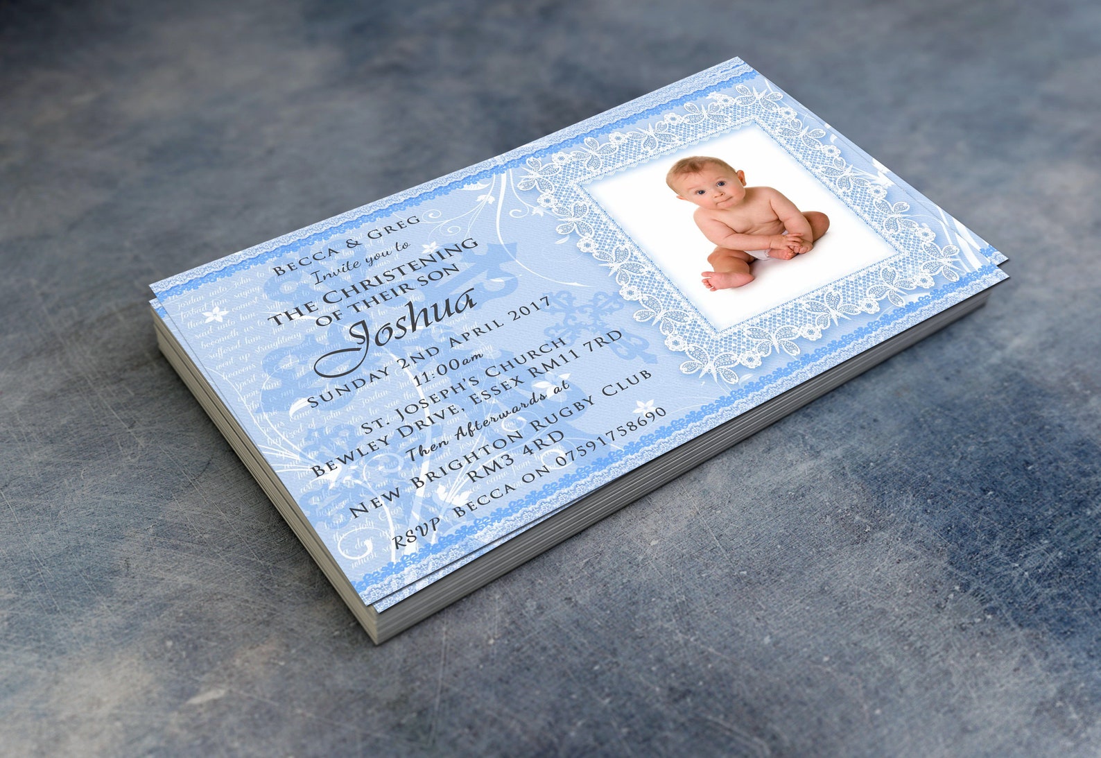 Blue Lace Christening Invitations & Envelopes Personalised Party Prints