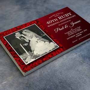 May include: A red and white invitation with a photo of a couple cutting a wedding cake. The invitation is for a 40th Ruby Wedding Anniversary for Paul & Joanne. The event is at Fairfield Social Club on Saturday, 14th May 2016 at 4:00 PM. RSVP: 07763524198.