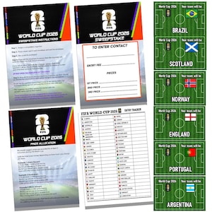 May include: A collection of World Cup 2026 sweepstake materials. Includes instructions, entry forms, prize allocation details, and team cards. The design features the FIFA logo and soccer field graphics, perfect for a sports-themed event.
