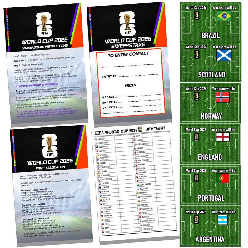 May include: A collection of World Cup 2026 sweepstake materials. Includes instructions, entry forms, prize allocation details, and team cards. The design features the FIFA logo and soccer field graphics, perfect for a sports-themed event.
