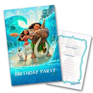 May include: A Moana birthday party invitation featuring Maui and Moana standing on a beach with a blue ocean and waves in the background. The text on the invitation reads "The ocean is calling you! To a birthday party".