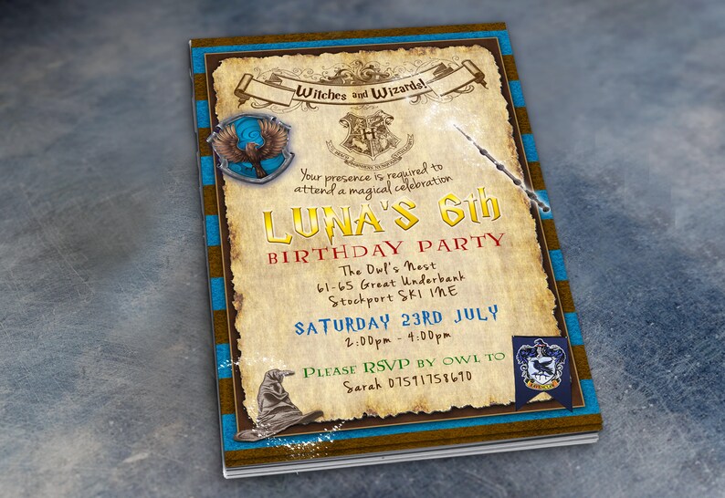 May include: A vintage-style invitation to a 6th birthday party with a Harry Potter theme. The invitation features a brown parchment background with blue and gold accents. The text reads "Witches and Wizards!" and "Luna's 6th Birthday Party". The invitation also includes images of the Hogwarts crest, a golden snitch, and a wand.