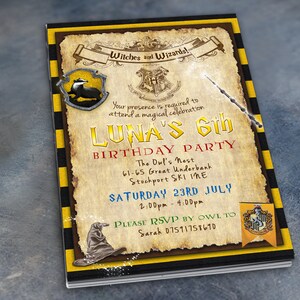 May include: A Harry Potter themed birthday party invitation for Luna's 6th birthday. The invitation features a parchment background with a Hogwarts crest, a badger crest, and a wand. The text reads "Witches and Wizards! Your presence is required to attend a magical celebration Luna's 6th Birthday Party. The Dul's Nest 61-65 Great Underbank Stockport SK1 1ME Saturday 23rd July 2:00pm - 4:00pm Please RSVP by owl to Sarah 07591758670"