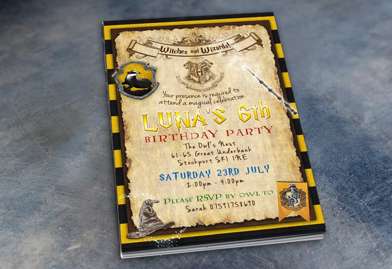 May include: A Harry Potter themed birthday party invitation for Luna's 6th birthday. The invitation features a parchment background with a Hogwarts crest, a badger crest, and a wand. The text reads "Witches and Wizards! Your presence is required to attend a magical celebration Luna's 6th Birthday Party. The Dul's Nest 61-65 Great Underbank Stockport SK1 1ME Saturday 23rd July 2:00pm - 4:00pm Please RSVP by owl to Sarah 07591758670"