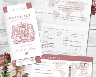 May include: A pink and white passport-themed wedding invitation with a royal crest and the text "Passport to Marriage" and "Wedding Invitation". The invitation includes the names "Mark & Amy" and the date "Thursday 27th July 2023".
