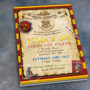 May include: A Harry Potter themed birthday party invitation with a parchment background. The invitation is for Luna's 6th birthday party. The invitation includes the date, time, and location of the party. The invitation also includes a Hogwarts crest and a wand.