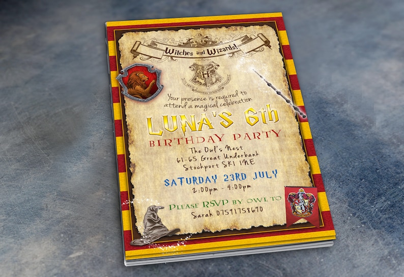 May include: A Harry Potter themed birthday party invitation with a parchment background. The invitation is for Luna's 6th birthday party. The invitation includes the date, time, and location of the party. The invitation also includes a Hogwarts crest and a wand.