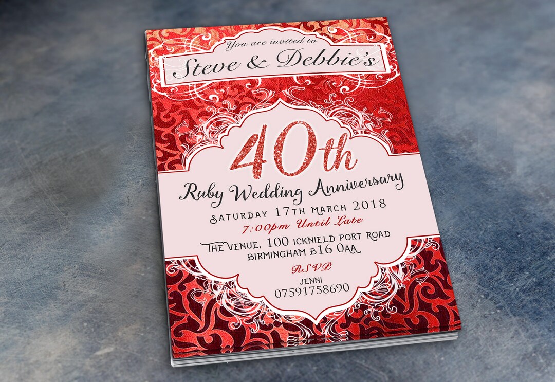 Ruby Wedding Anniversary Invitations & Envelopes 40th Personalised