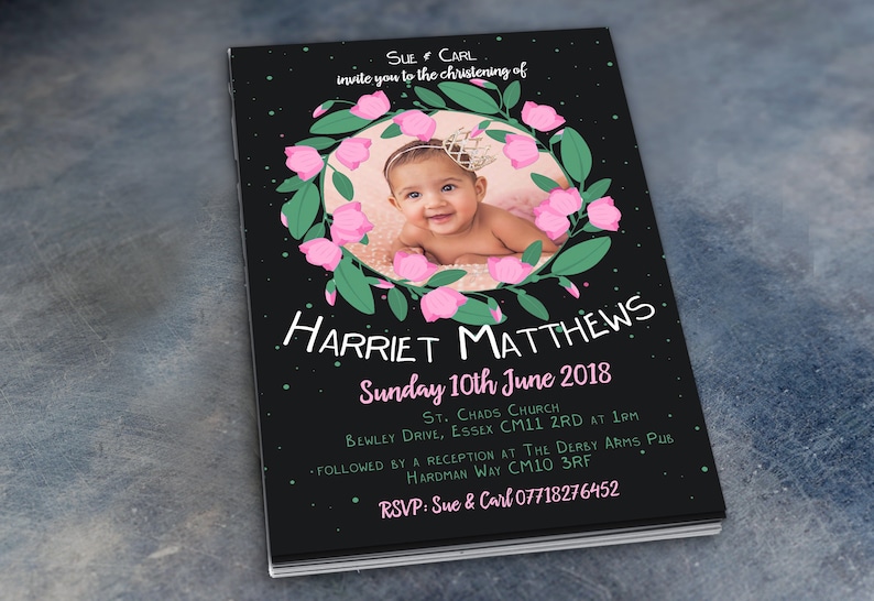 Floral Frame Christening Invitations /& Envelopes Personalised Party Prints with Photo