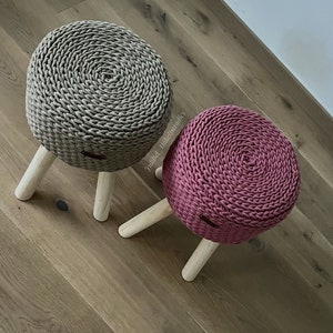 Wooden stool with cotton cover, crocheted
