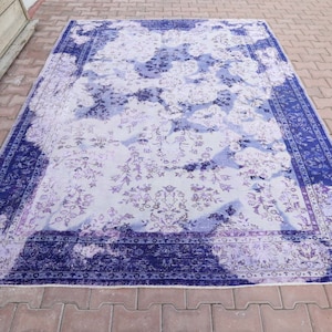 6.7x9.6, TURKISH RUG, Faded Purple Rug, Modern Rug, Contemporary, Art, Wool Rug, Vintage, Area Rug, Home Decor, White Purple Rug