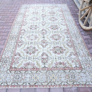 5.6x10, Turkish Vintage Beige Pink Oushak Rug, Floral, Area Rug, Wool Rug, Room Decor, Living Room Rug, Turkey Rug, Handmade, Faded , Boho
