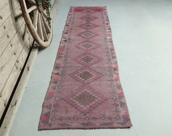 2'7x11'7 TURKISH Diamond Runner, Pink Lavender, Turkish Oushak Vintage Rug, Bohemian Rug, Wool Rug, Faded Red Diamond rug, Shabby Chic, Boho