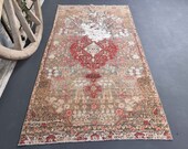 3x6 Beige Turkish Vintage Rug, Red Oushak Rug, Bohemian Rug, Wool on Cotton Gold Tan, Home Decor Oriental Rug, Carpet, Heriz 3.2x6.1