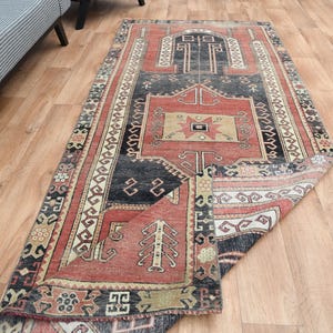 3&#39;7x9&#39;4 ft, Unique Runner Rug, Wool Accent Rug, Vintage Runner, Geometric Handwoven Runner Rug, Colorful Runner Rug, Pink Brown Rug
