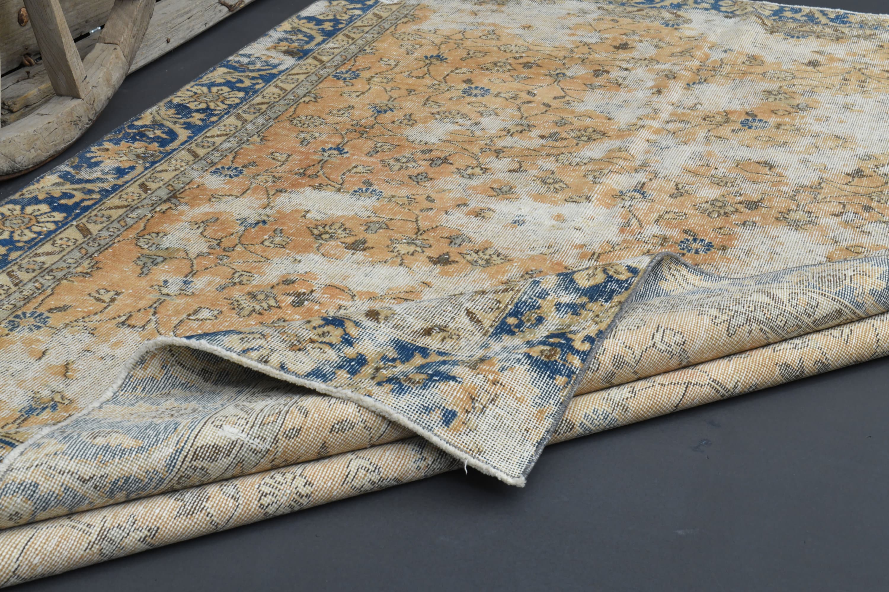 6.1x9.3, Turkish Vintage Rug, Faded Orange Blue Floral Oushak Area