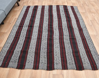 5.7x7.3, TURKISH COLORFUL KILIM, White Brown Red Flatweave Rug, Oushak Rug, Turkish Vintage Rug, Vintage Kilim Rug, Area Rug Kilim, Neutral