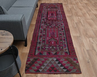 2'8x9'7 ft, PINK COLORFUL Turkish Vintage Rug, Pastel Color, Boho Home Decor, Turkish Runner Rug, Bohemian Wool Geometrical Rug, Neutral Rug