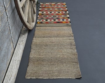 2.2x8.4, Flatweave Kilim Runner Rug, Beige Brown Turkish Vintage Rug, Bohemian Wool Area Rug, Home Decor, Flat-weave, Neutral, Perfect Boho