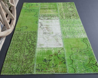 4x6 PATCHWORK Turkish Vintage Rug, Oushak Handmade Wool Rug, Green