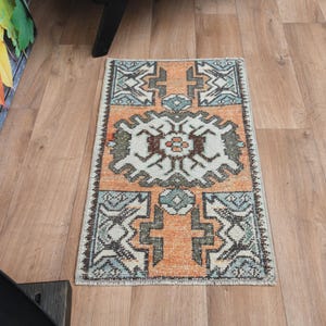 SMALL ORANGE RUG, Vintage Turkish Small Oushak Rug, Handwoven 1.5x2.8 ft, Authentic Wool Area Rug, Anatolian Tribal Decorative, Modern Rug