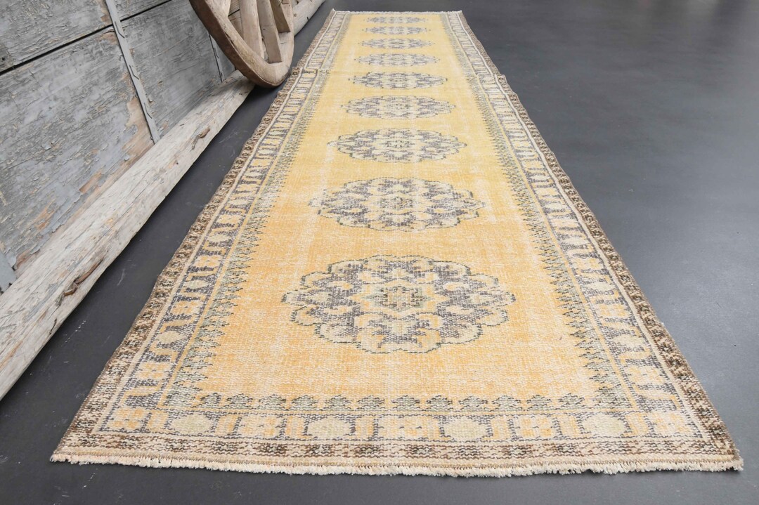 2.9x11.2 VINTAGE, Yellow Brown Runner Rug, Brown Motif Turkish Runner