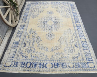 7'3x10'5 VINTAGE Turkish Orange Blue Levander Area rug, Wool rug, Etsy Rug, Shabby Decor Floral Area Rug, Boho Rug, Vintage Turkey Rug